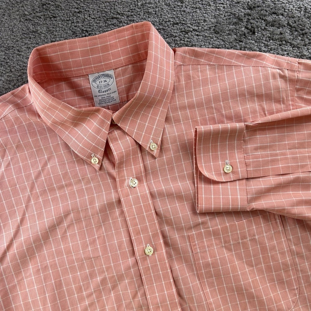 Brooks Brothers Classic Non-Iron Dress Shirt 17-36 Pink Check Sufima Cotton Mens